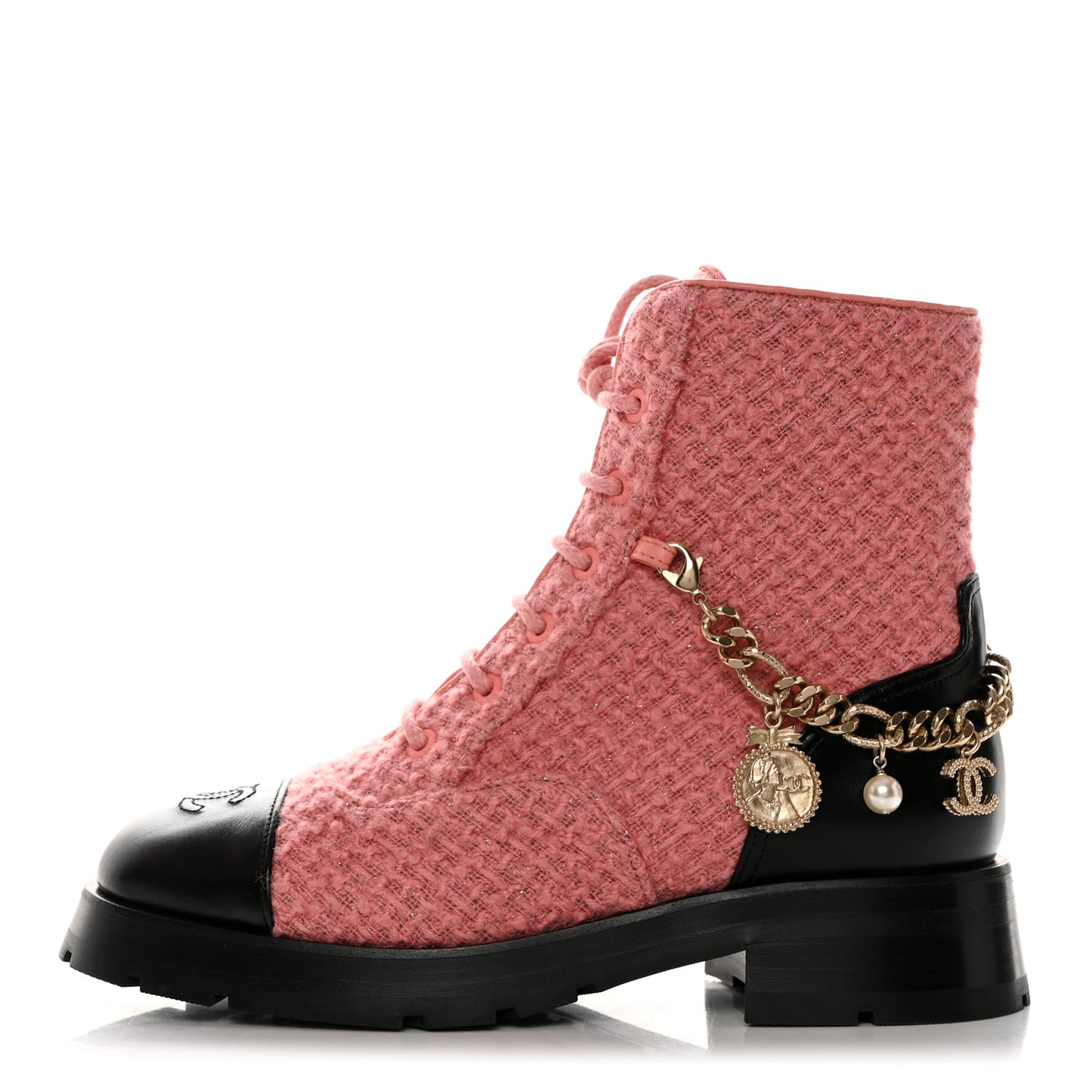 Wool Tweed Calfskin Chain Lace Up Combat Boots 37 Pink Black