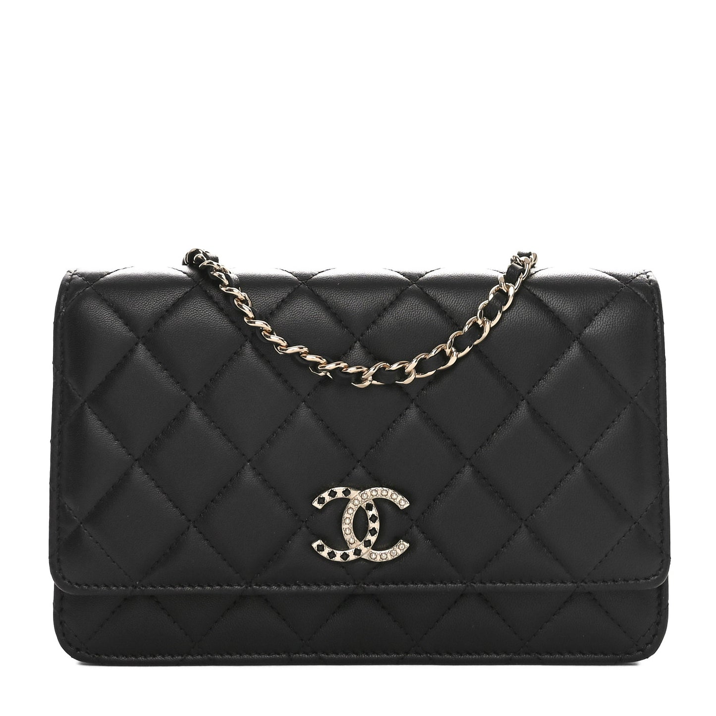Lambskin Pearl Strass Quilted CC Wallet on Chain WOC Black