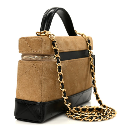 Chanel Suede Calfskin Shiny Lambskin Stitched Top Handle Slim Vanity Case With Chain Beige Black 3 of 10