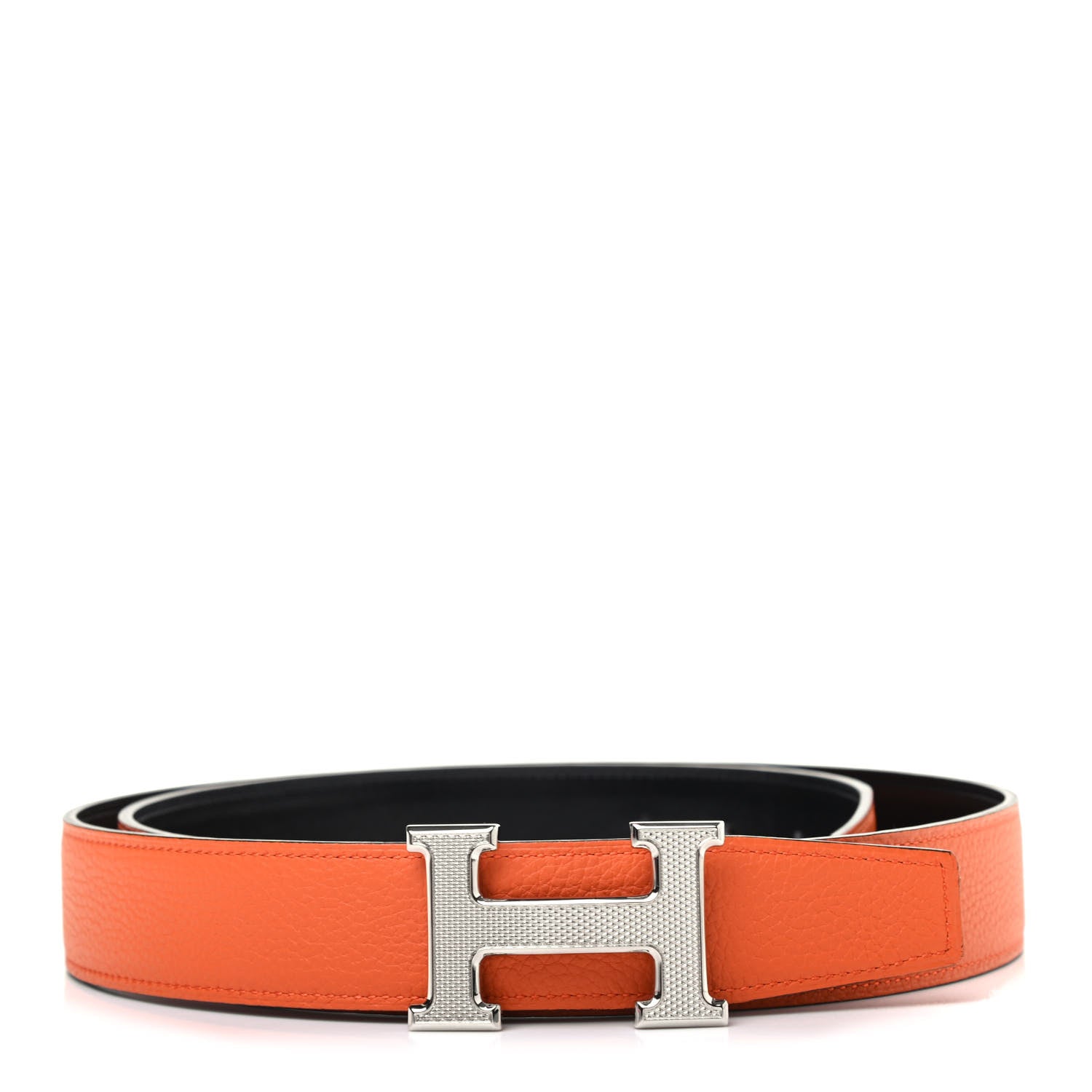 Hermes Box Togo 32mm Guilloche H Belt 100 Black Orange 1 of 5
