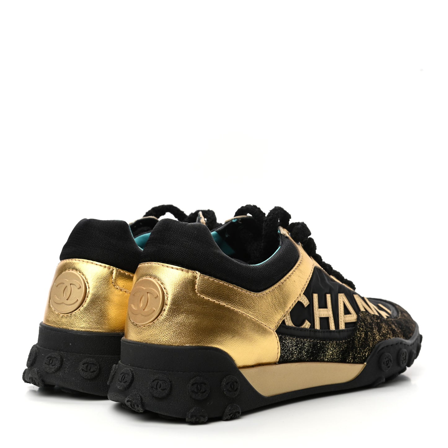 Metallic Lambskin Satin Finish Womens CC Sneakers 37.5 Black Gold