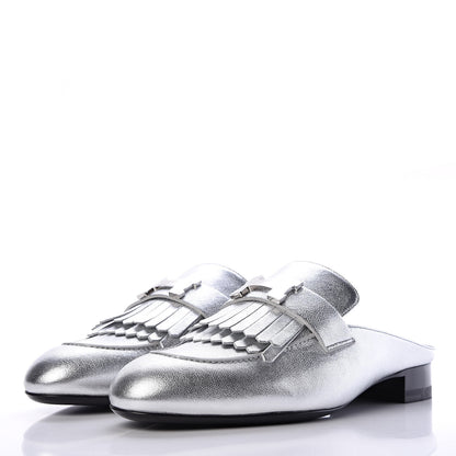 Hermes Metallic Goatskin Womens Rivoli Mules 39 Gris Argente 3 of 9