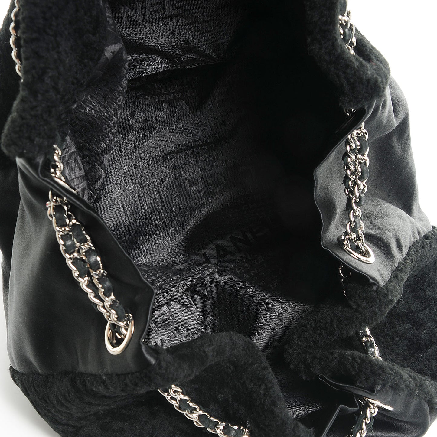 Fur Satin Drawstring Tassel Sac Cordon Shoulder Bag Black