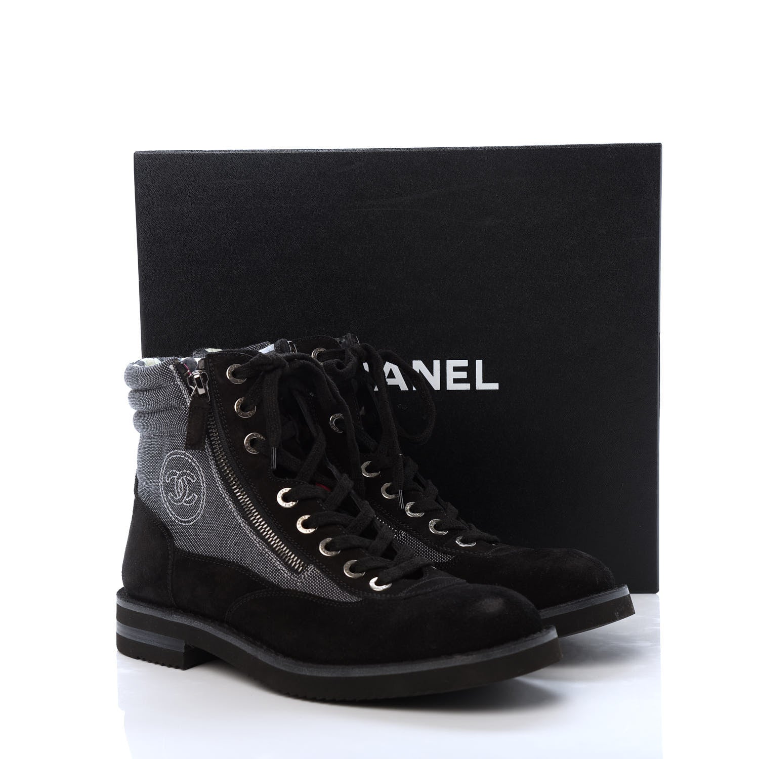 Chanel Toile Suede Calfskin CC Lace Up Short Boots 41 Dark Grey 9 of 9