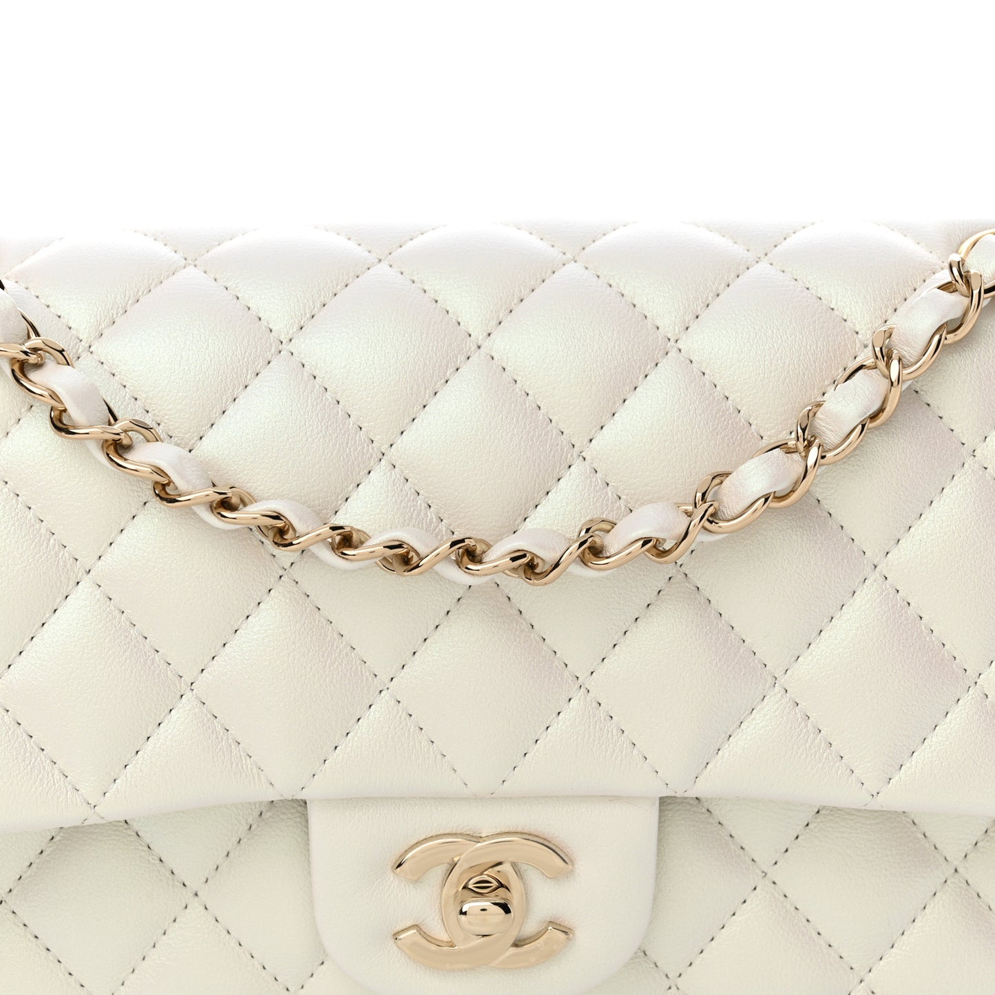 Iridescent Calfskin Quilted Medium Double Flap White