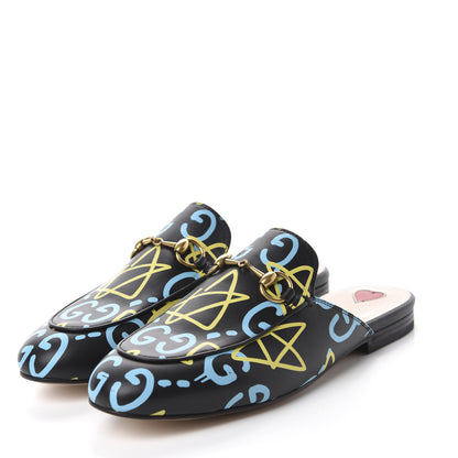 Gucci Calfskin GucciGhost Print Womens Princetown Slippers 36.5 Black New Acquamarine 3 of 10