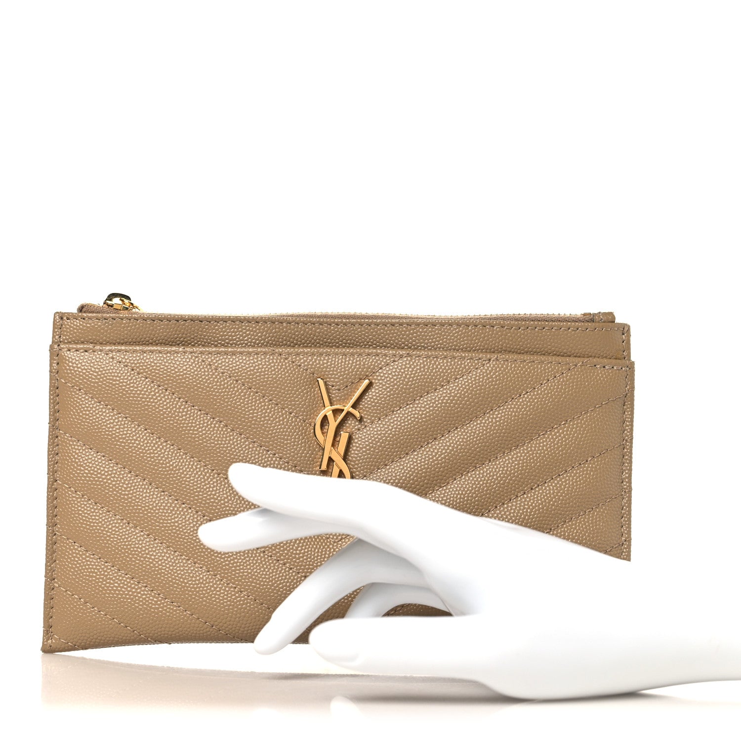 Saint Laurent Grain De Poudre Chevron Monogram Bill Pouch Dark Latte 2 of 8