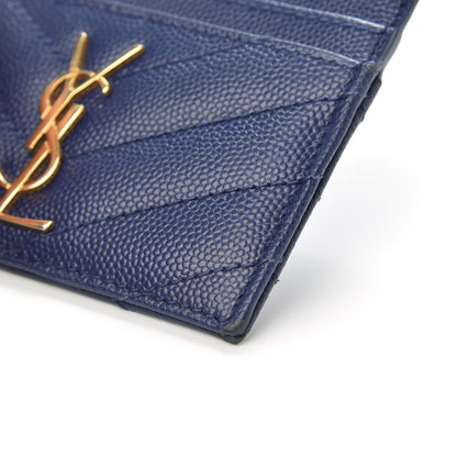 Saint Laurent Grain De Poudre Matelasse Chevron Monogram Credit Card Case Navy 8 of 9