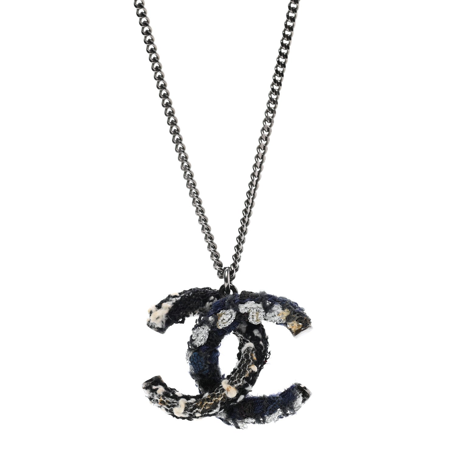 Chanel Tweed Ruthenium CC Pendant Necklace Black Silver 4 of 7