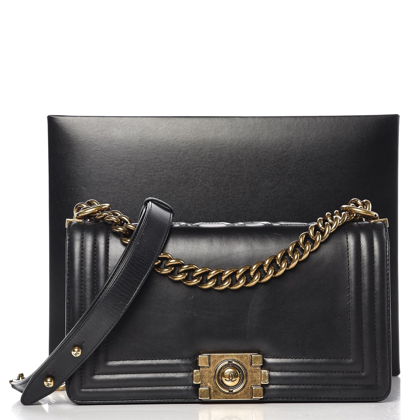 Glazed Calfskin Medium Boy Flap Black