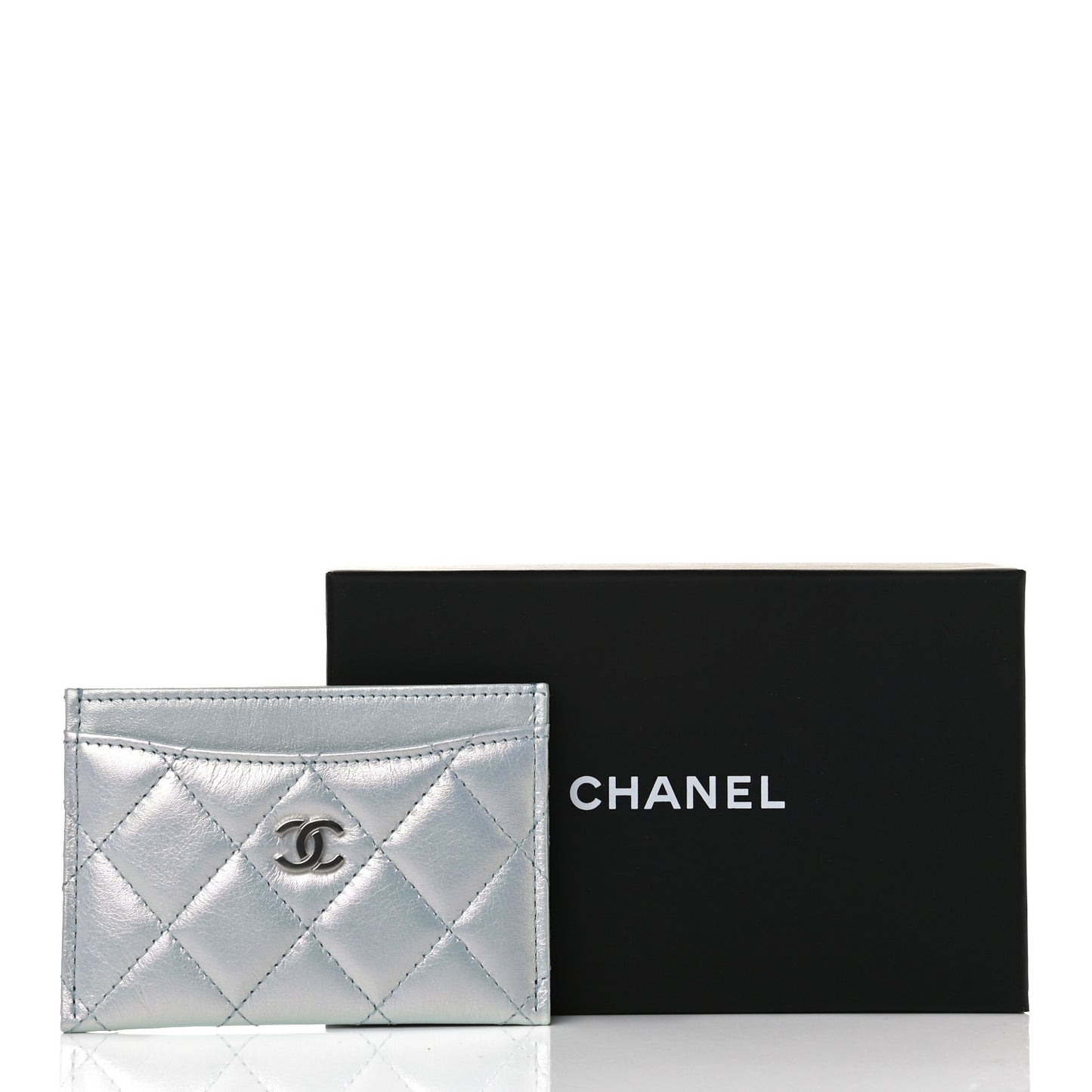 Iridescent Lambskin Quilted Card Holder Light Blue