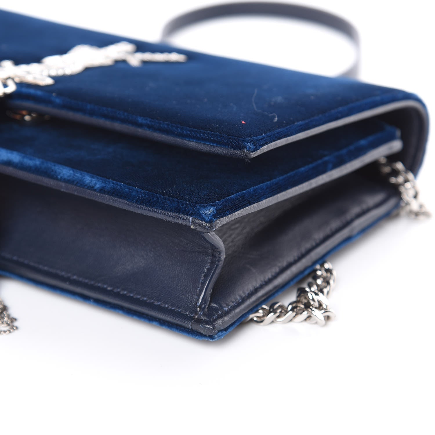 Saint Laurent Velvet Crystal Monogram Kate Tassel Chain Wallet Blue 9 of 11