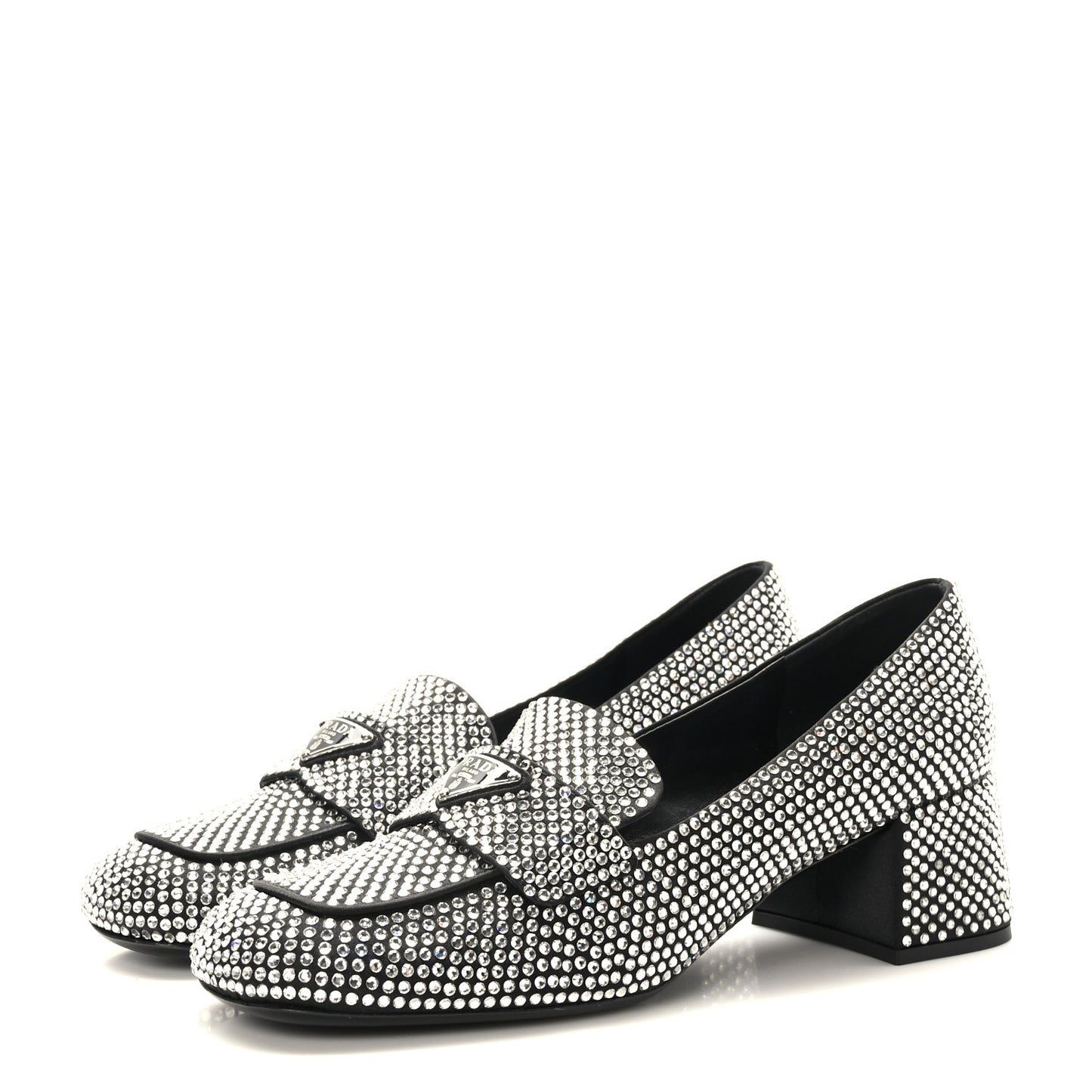 Satin Crystal Embellished Womens Metal Triangle Logo 50mm Loafers 37.5 Crystal
