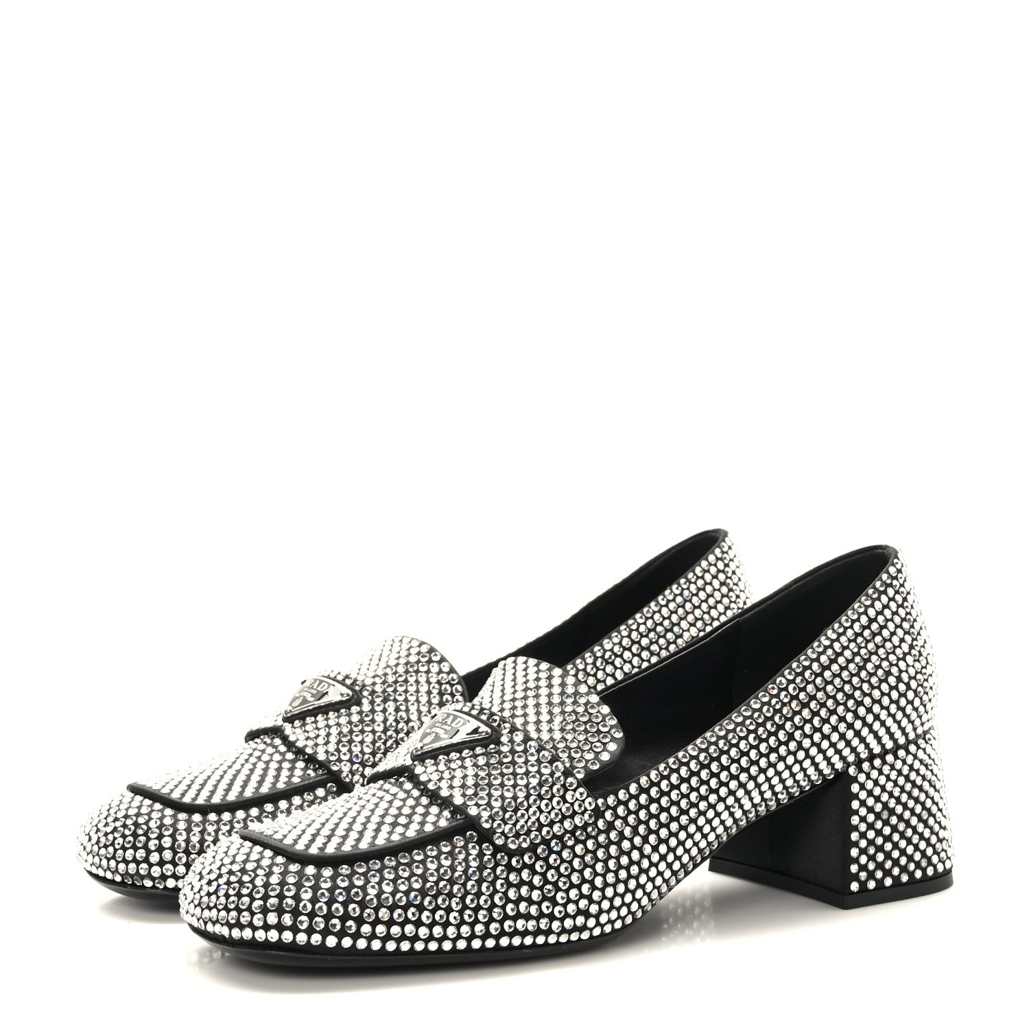 Prada Satin Crystal Embellished Womens Metal Triangle Logo 50mm Loafers 37.5 Crystal 3 of 8