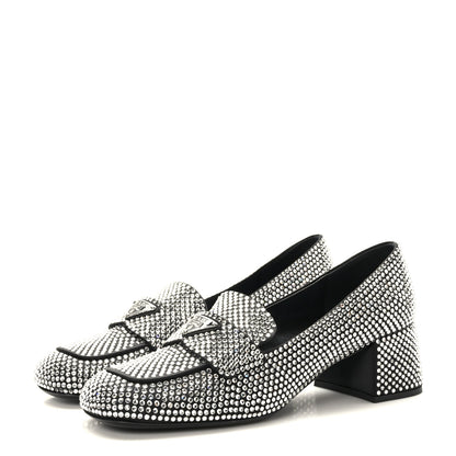 Prada Satin Crystal Embellished Womens Metal Triangle Logo 50mm Loafers 37.5 Crystal 3 of 8
