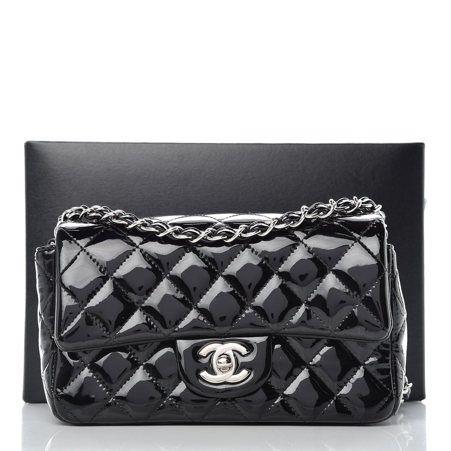 Patent Calfskin Quilted Mini Rectangular Flap Black