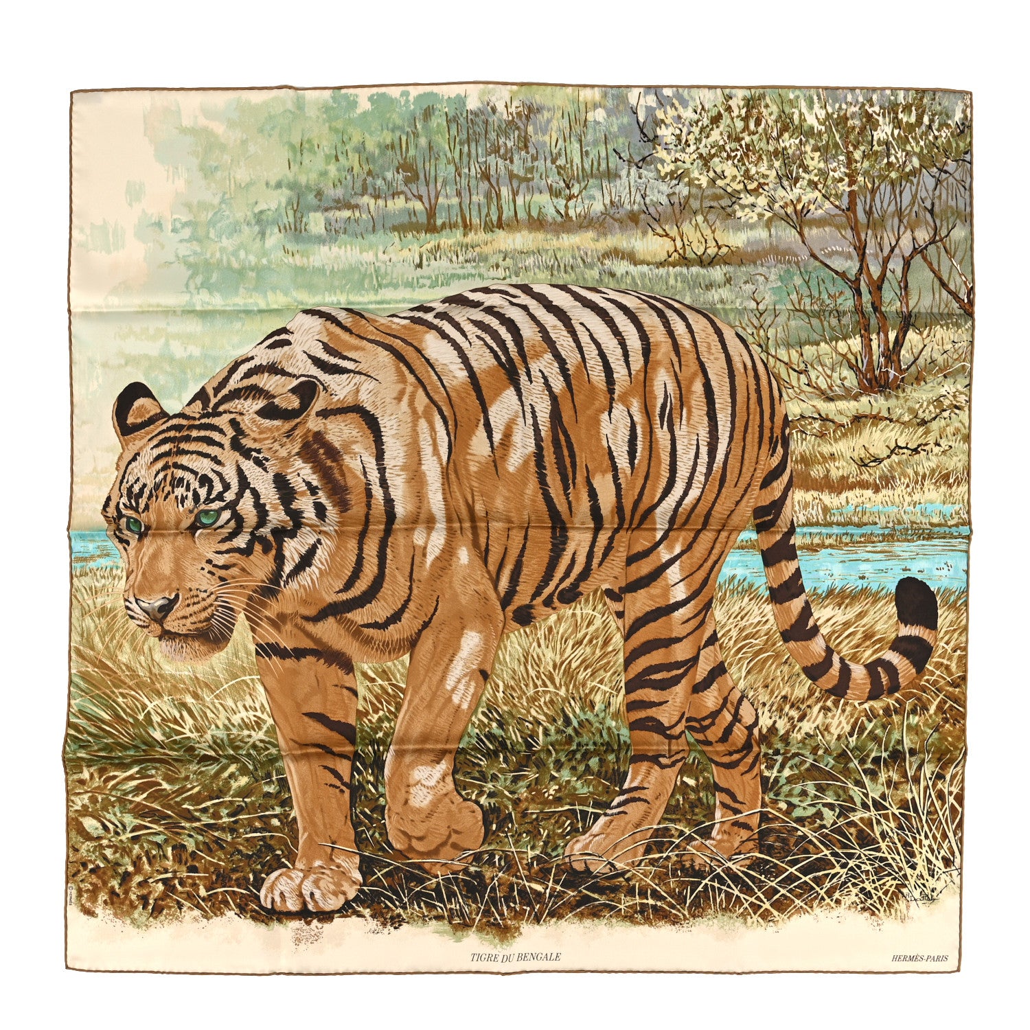 Hermes Silk Tigre du Bengale Scarf 90 Vert Camel Beige 1 of 5