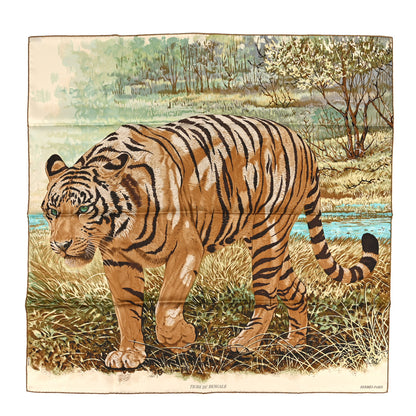 Hermes Silk Tigre du Bengale Scarf 90 Vert Camel Beige 1 of 5