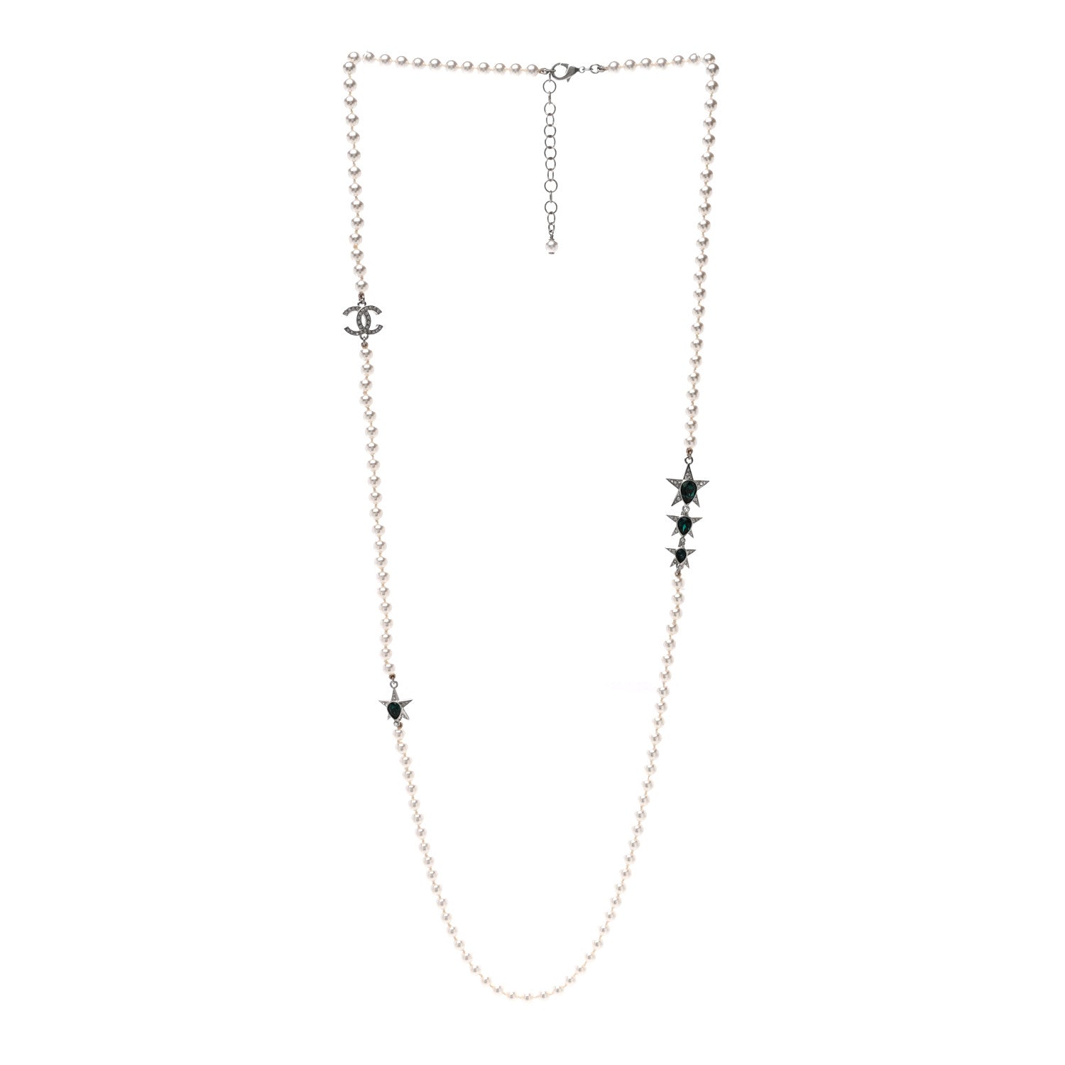 Chanel Pearl Star CC Long Necklace Green White Silver 3 of 4
