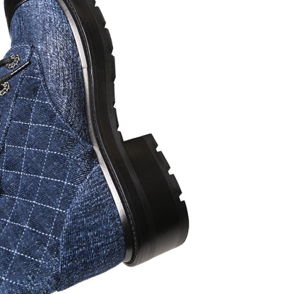 Chanel Shiny Calfskin Velvet Quilted Lace Up Combat Boots 39 Blue Black 13 of 14