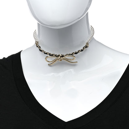 Chanel Calfskin Pearl Metal CC Bow Choker Necklace Gold White Black 1 of 5