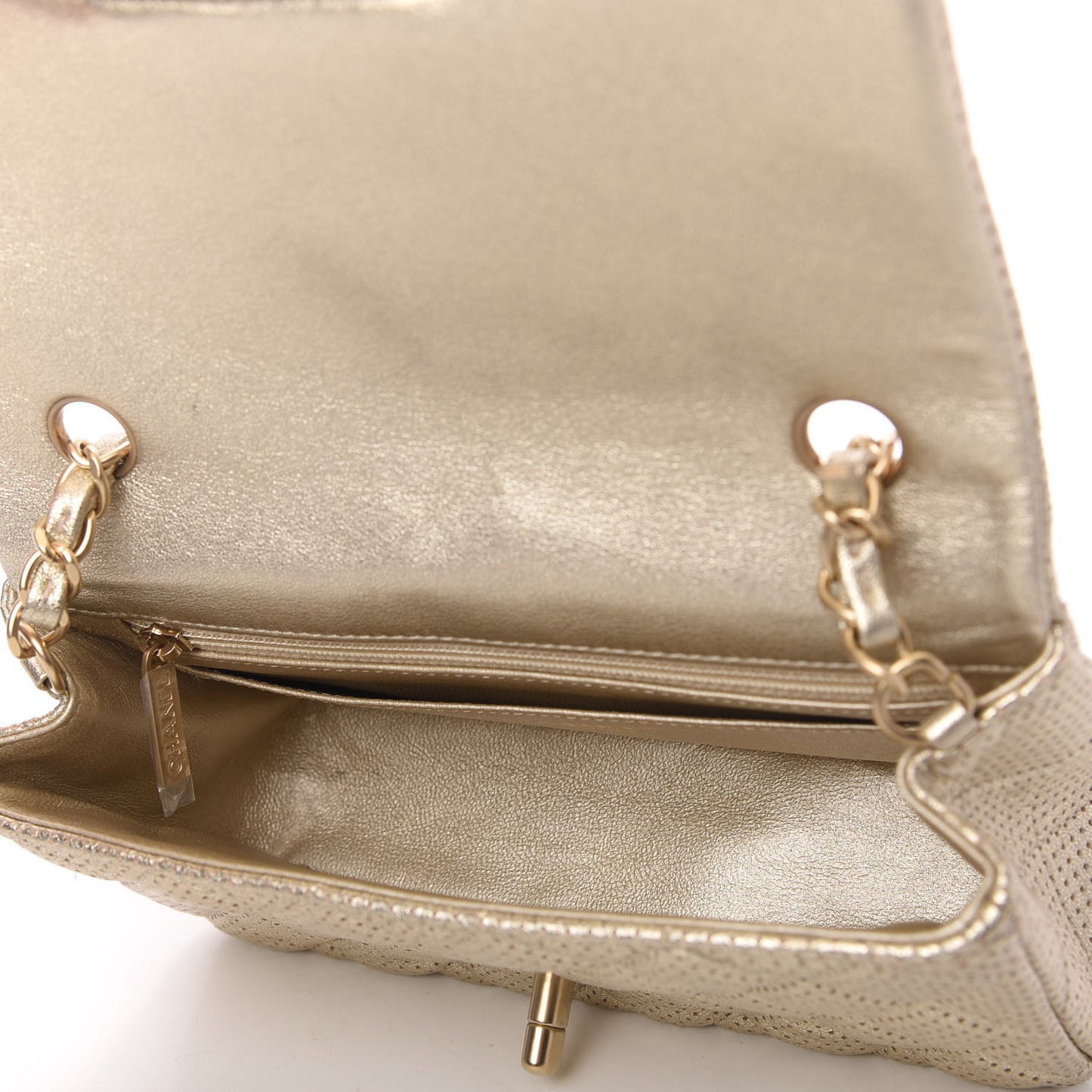 Metallic Lambskin Perforated Mini Rectangular Flap Light Gold