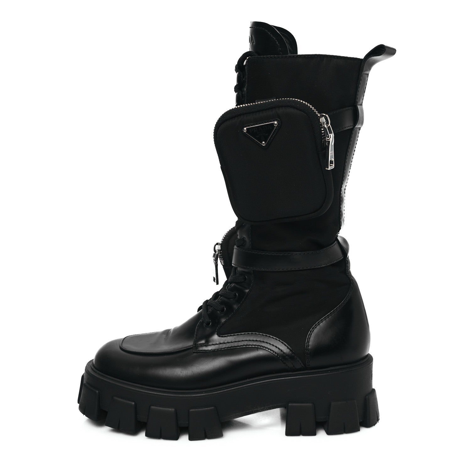 Prada Spazzolato Rois Re-Nylon Metal Triangle Logo Monolith Pouch Pocket 55mm Tall Combat Boots 39.5 Black 1 of 8