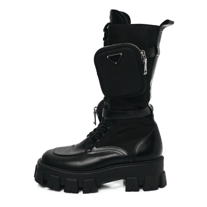 Prada Spazzolato Rois Re-Nylon Metal Triangle Logo Monolith Pouch Pocket 55mm Tall Combat Boots 39.5 Black 1 of 8