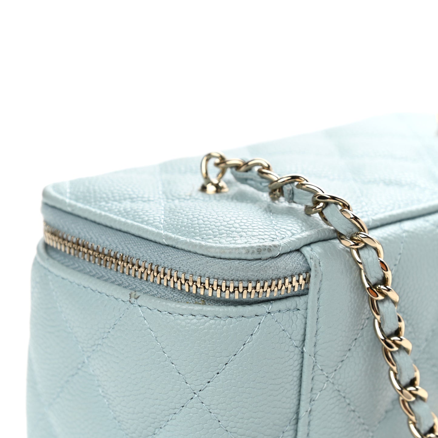Caviar Quilted Small Tiny CC Vanity Case With Chain Light Blue