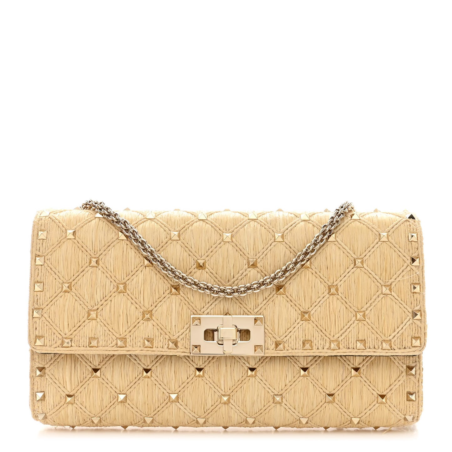 Raffia Lambskin Rockstud Spike Wallet on Chain Naturale