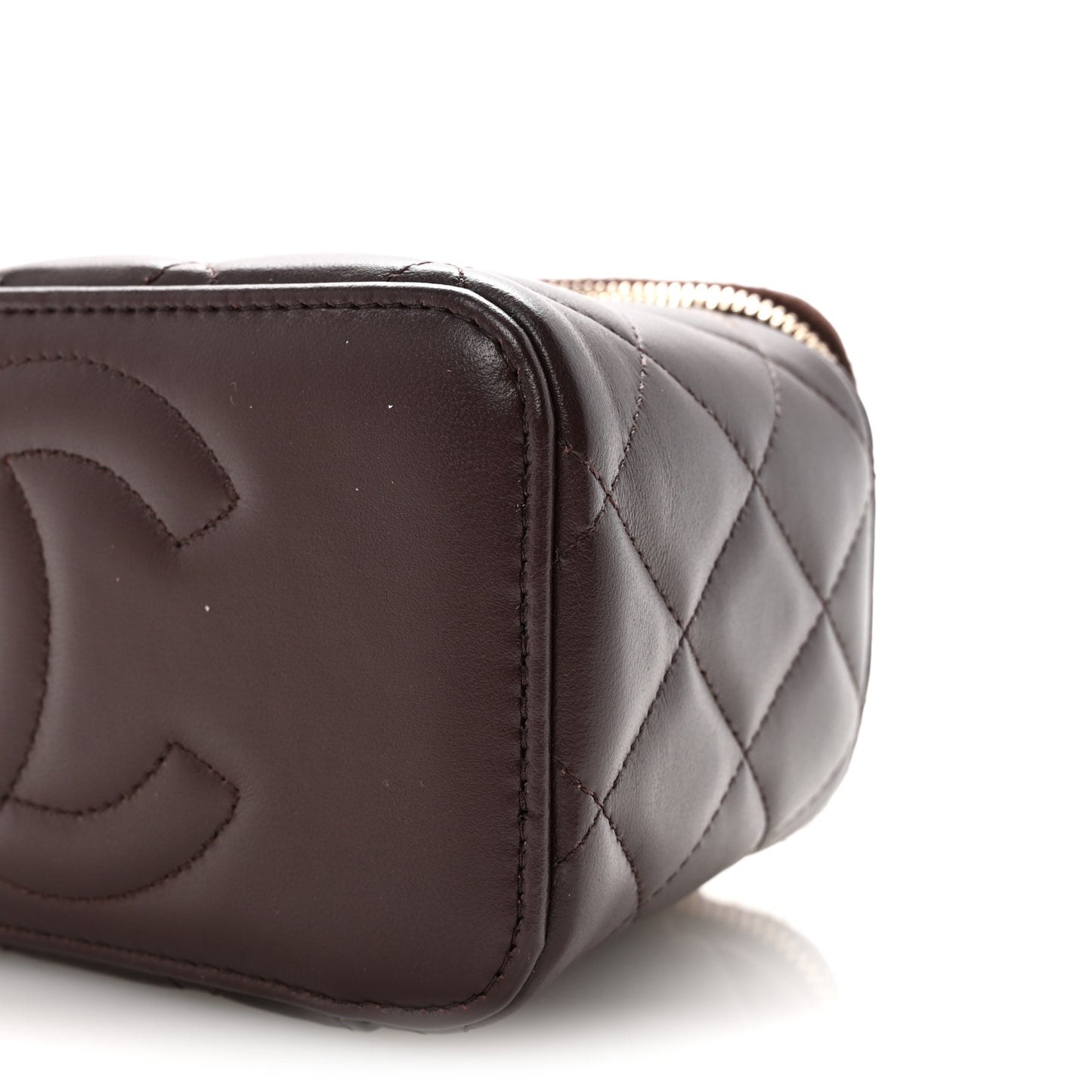 Lambskin Quilted Small Top Handle Vanity Case With Chain Dark Brown
