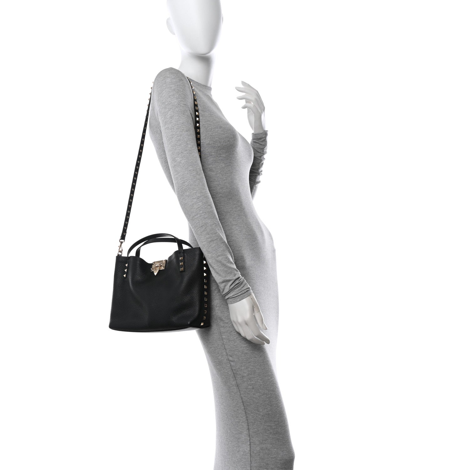 Valentino Garavani Grained Calfskin Small Rockstud Flip Lock Tote Black Rose Quartz 2 of 16
