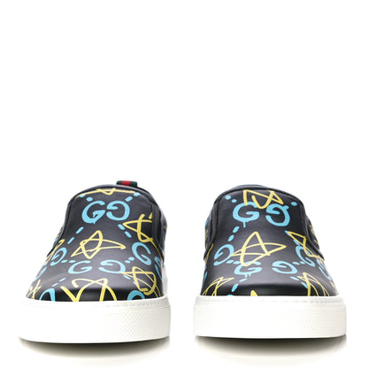 Gucci Calfskin GucciGhost Print Mens Dublin Slip On Sneakers 8 Black New Acquamarine 2 of 10