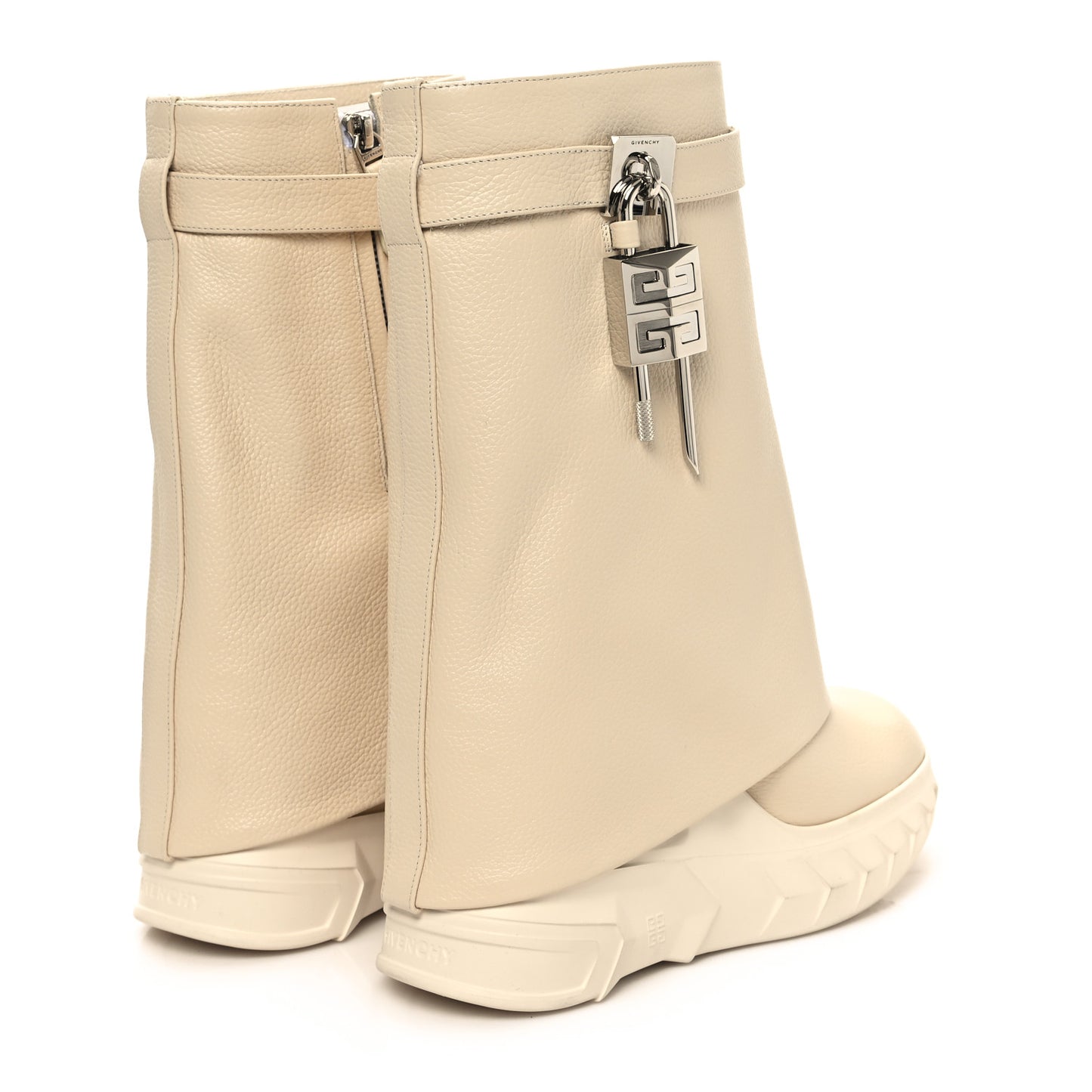 Grained Calfskin Shark Lock Biker Ankle Boots 36 Beige