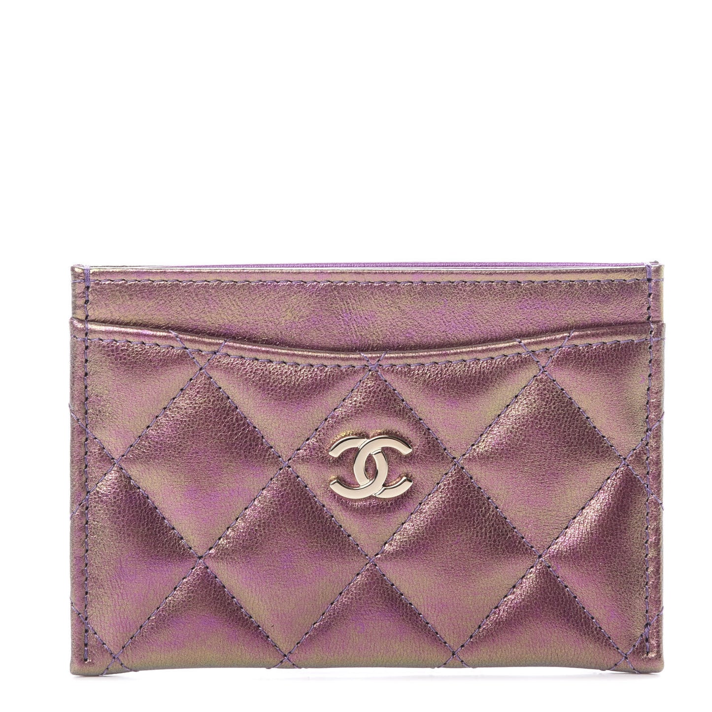 Iridescent Lambskin Quilted Card Holder Purple