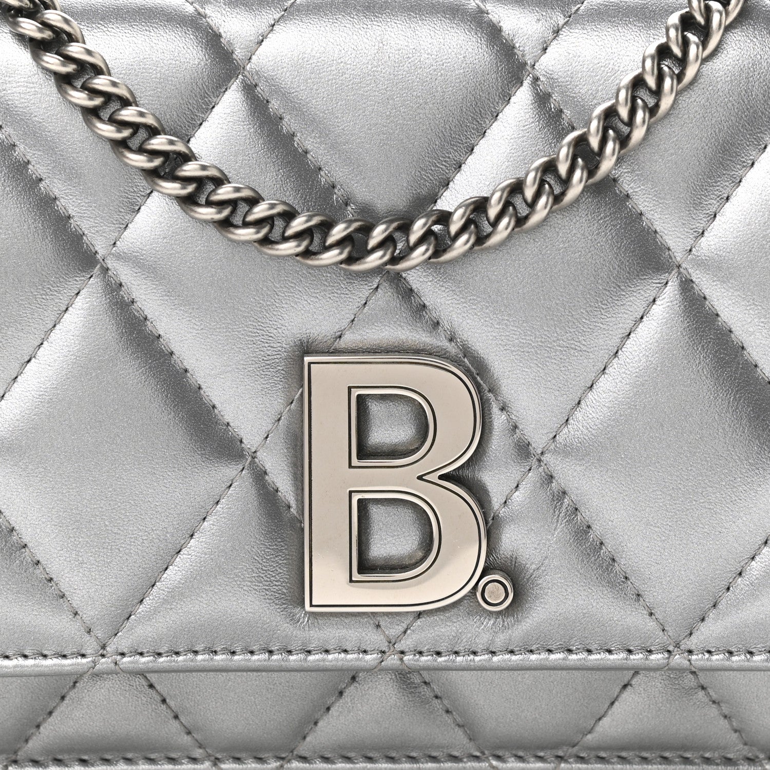 Balenciaga Metallic Calfskin Quilted Touch B Wallet On Chain Silver 7 of 9