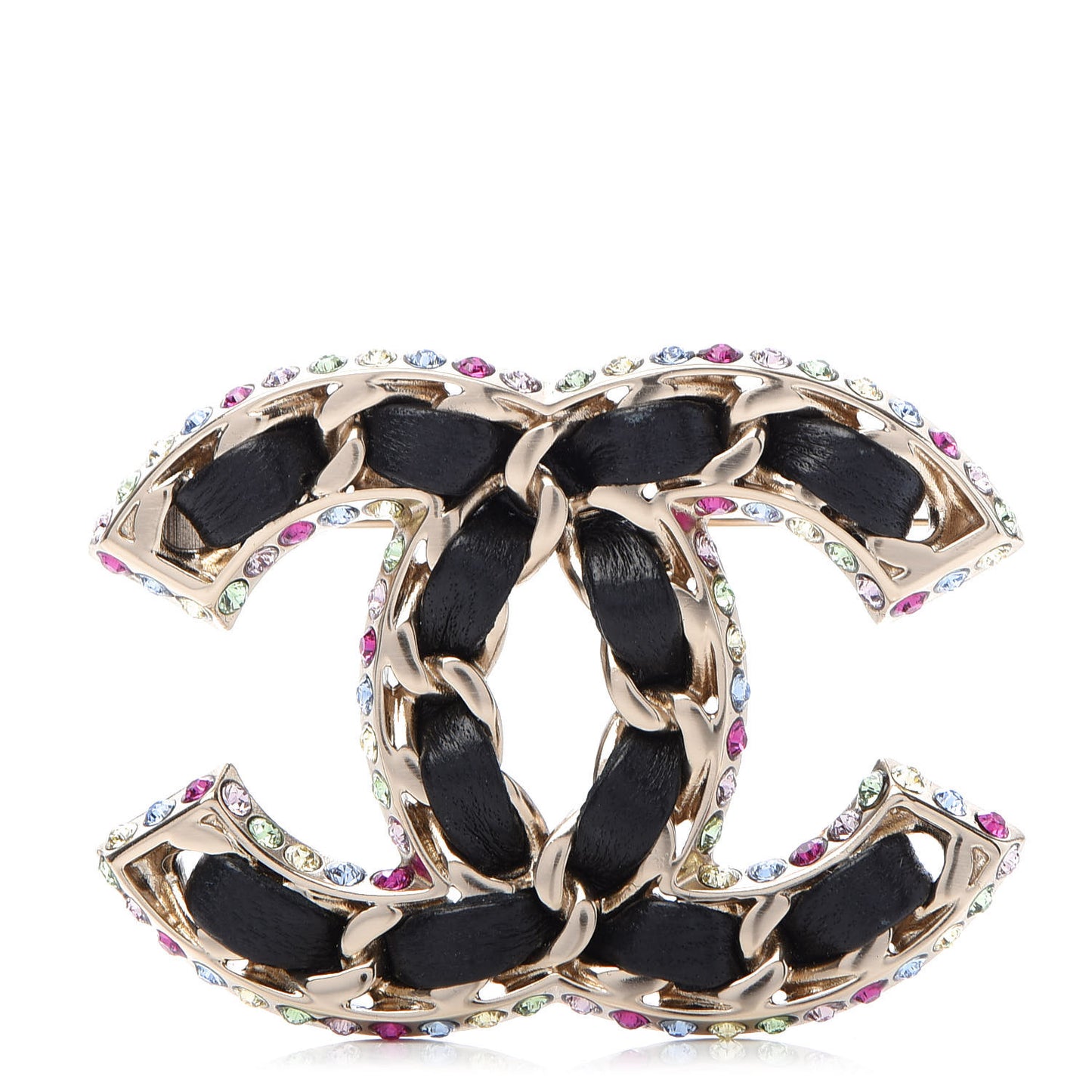 Lambskin Crystal CC Chain Brooch Black Gold Multicolor