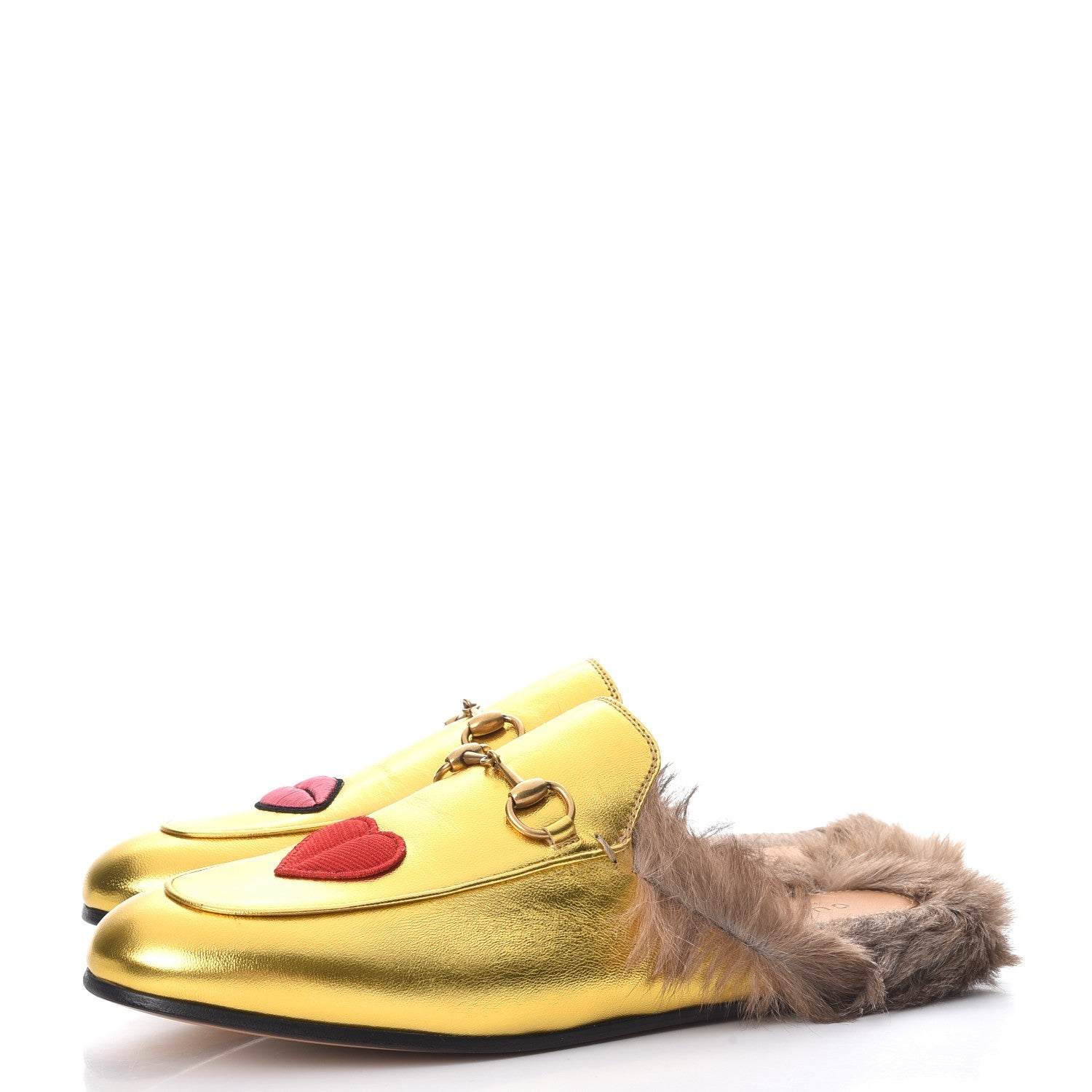 Gucci Metallic Nappa Fur Heart and Lips Womens Princetown Slippers 39.5 Gold 3 of 8