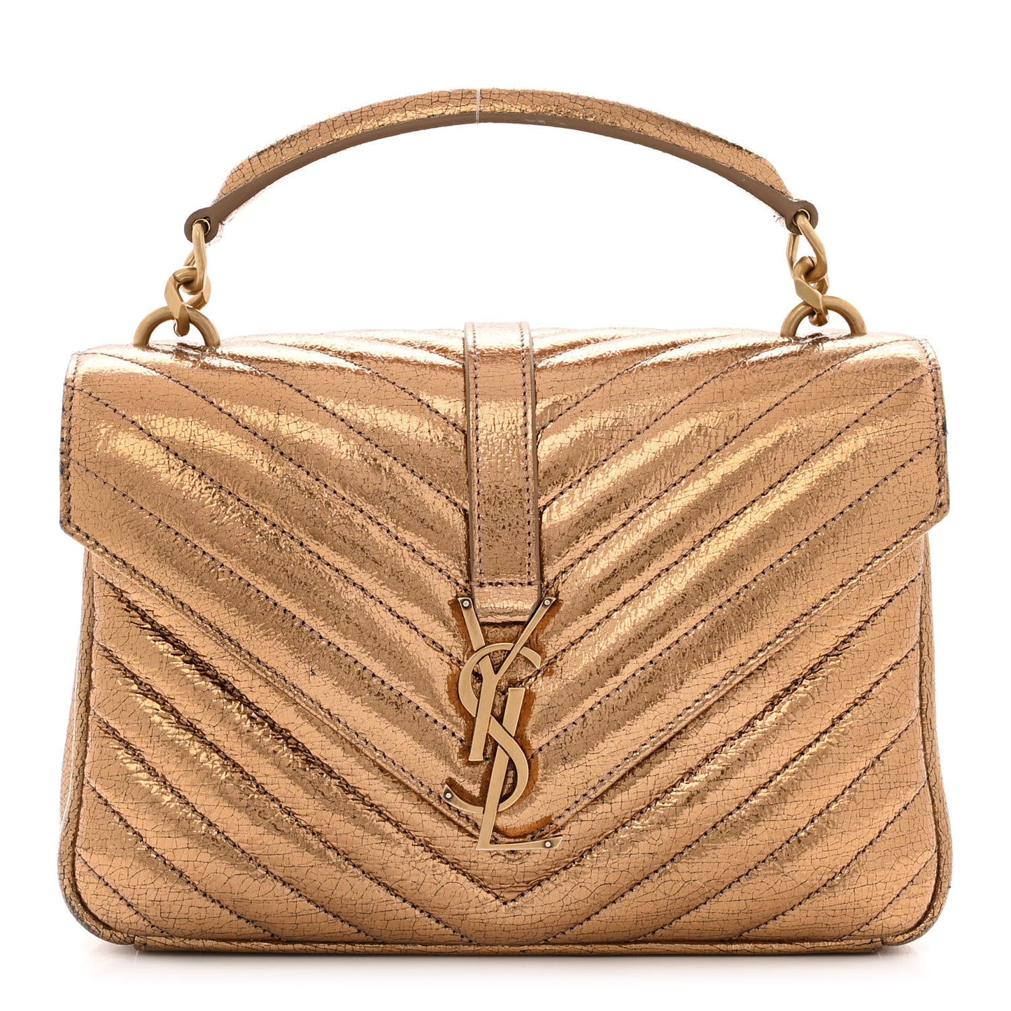 Metallic Cracked Calfskin Matelasse Monogram Medium College Bag Copper