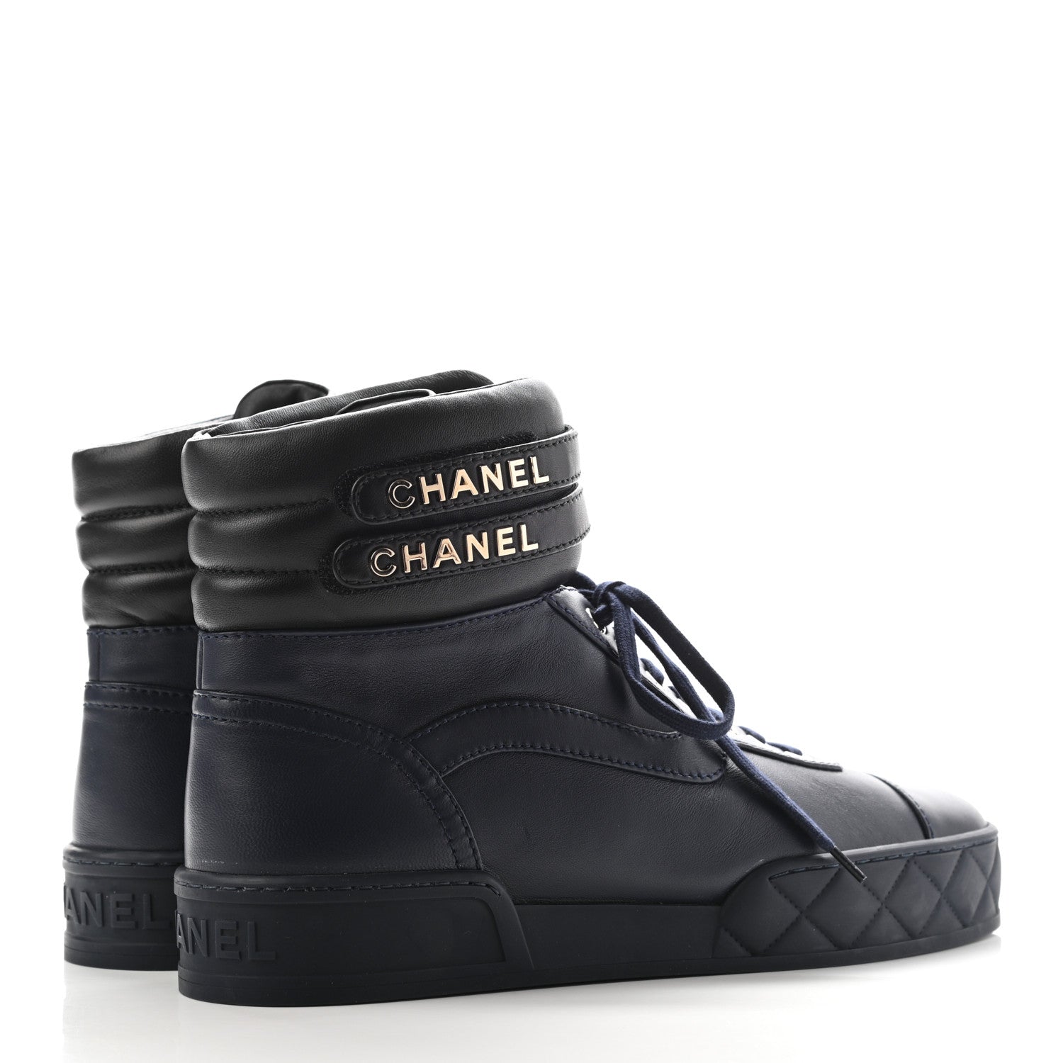 Chanel Lambskin Logo High Top Sneakers 42 Navy Black 4 of 8