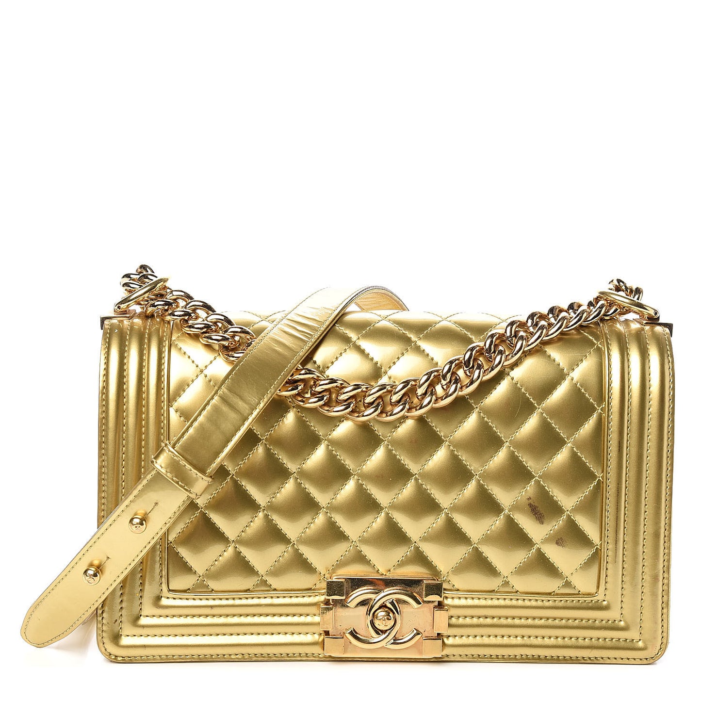 Metallic Patent Calfskin Quilted Medium Boy Flap Gold