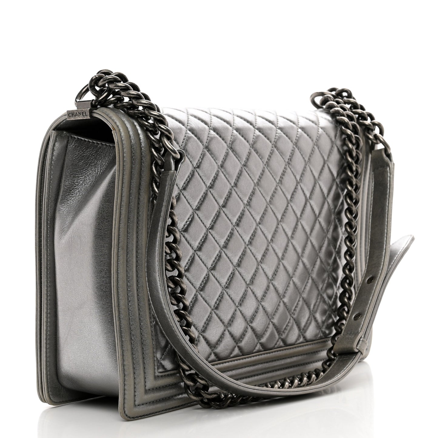 Metallic Calfskin Quilted Large Boy Flap Silver