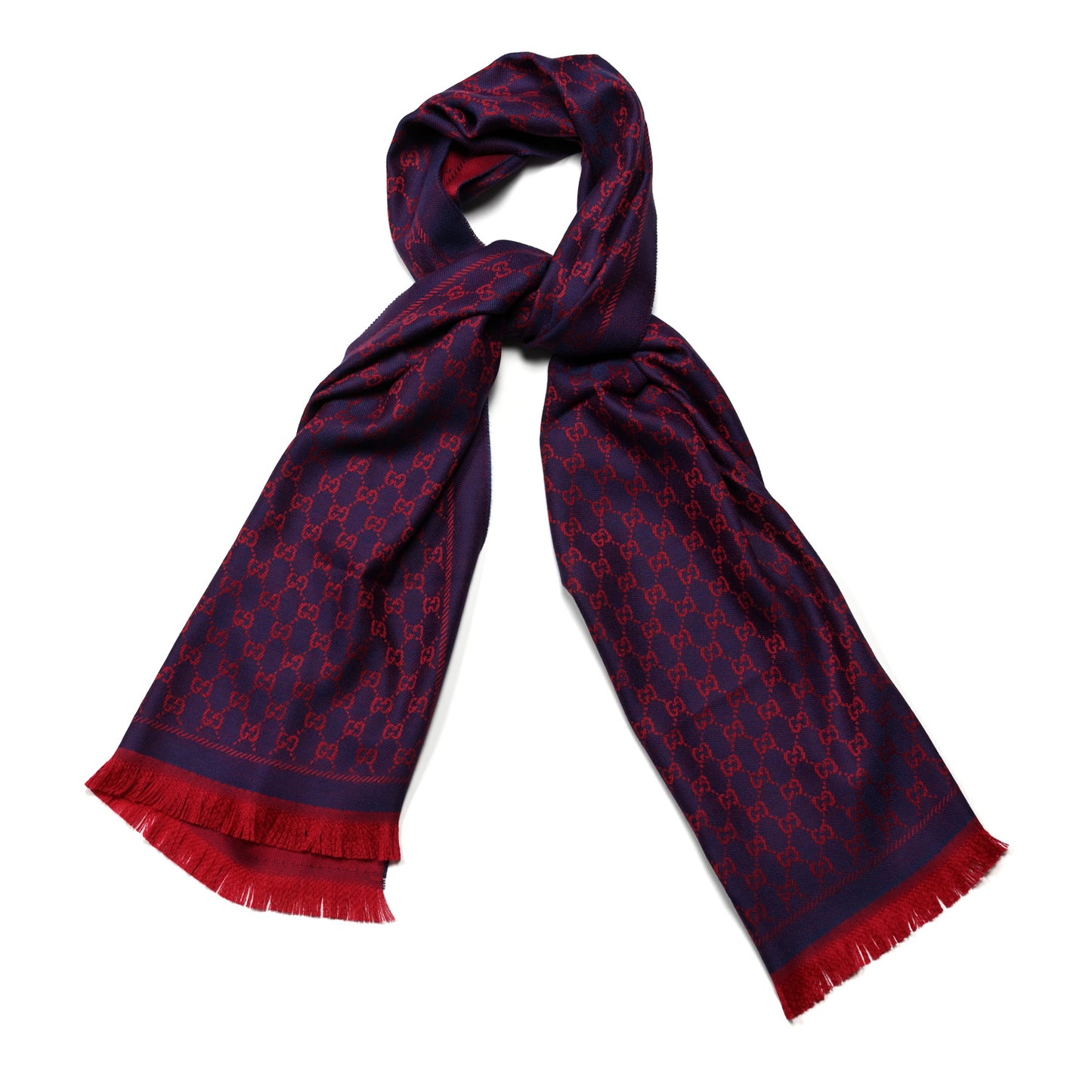 Wool GG Monogram Reversible New Sten Fringe Scarf Dark Purple Red