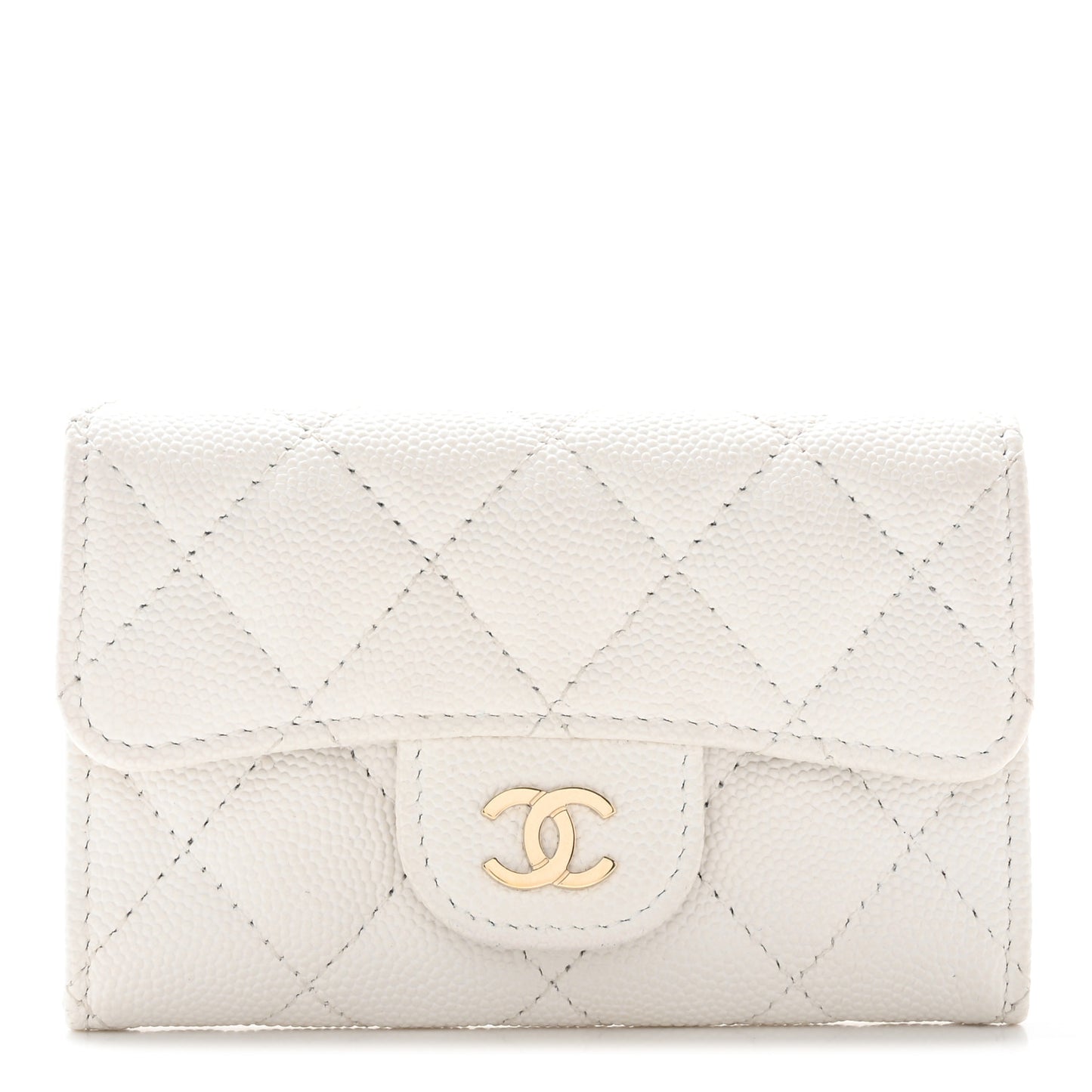 Caviar Quilted Flap Card Holder Wallet White