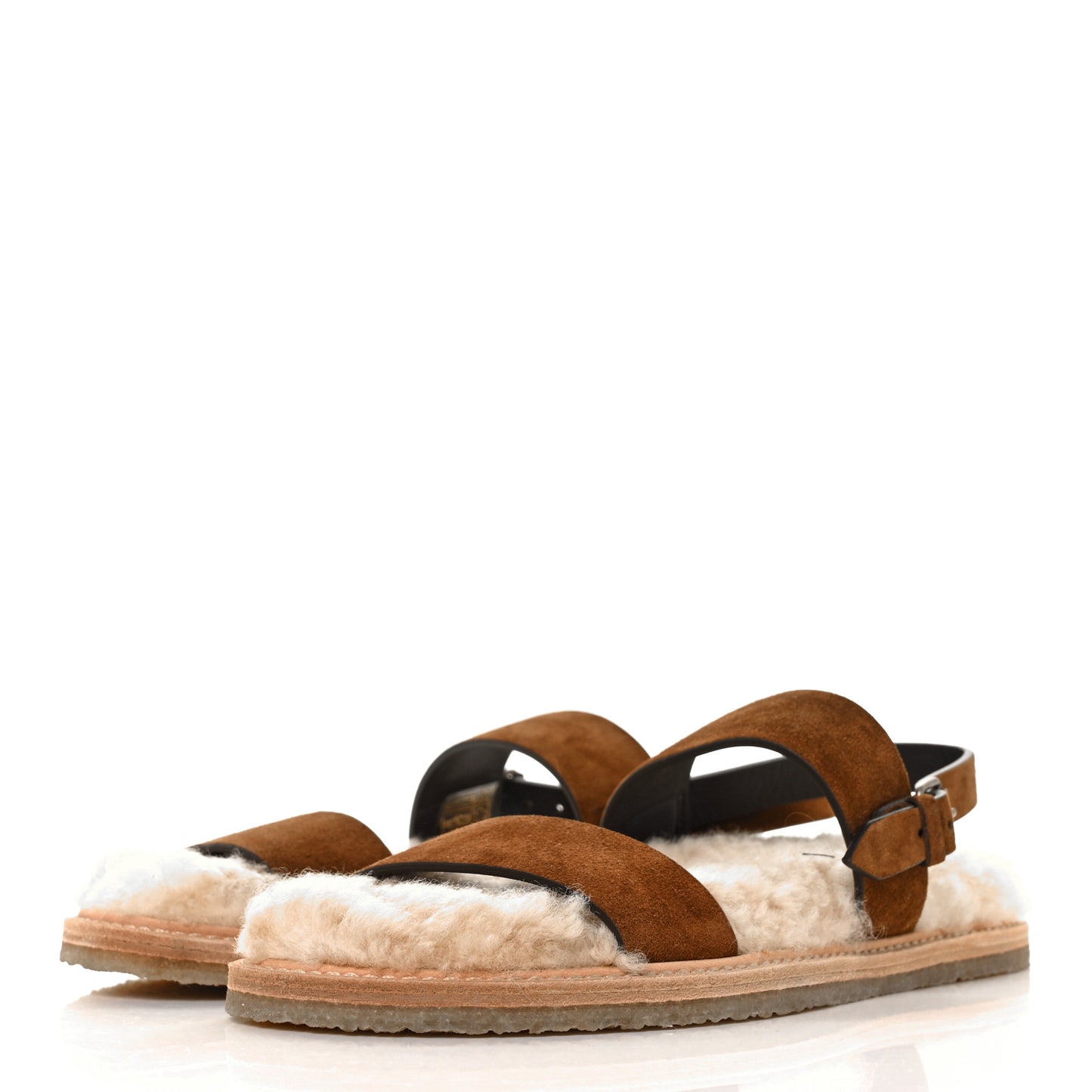 Suede Shearling Joan Noe Flat Sandals 38 Brown