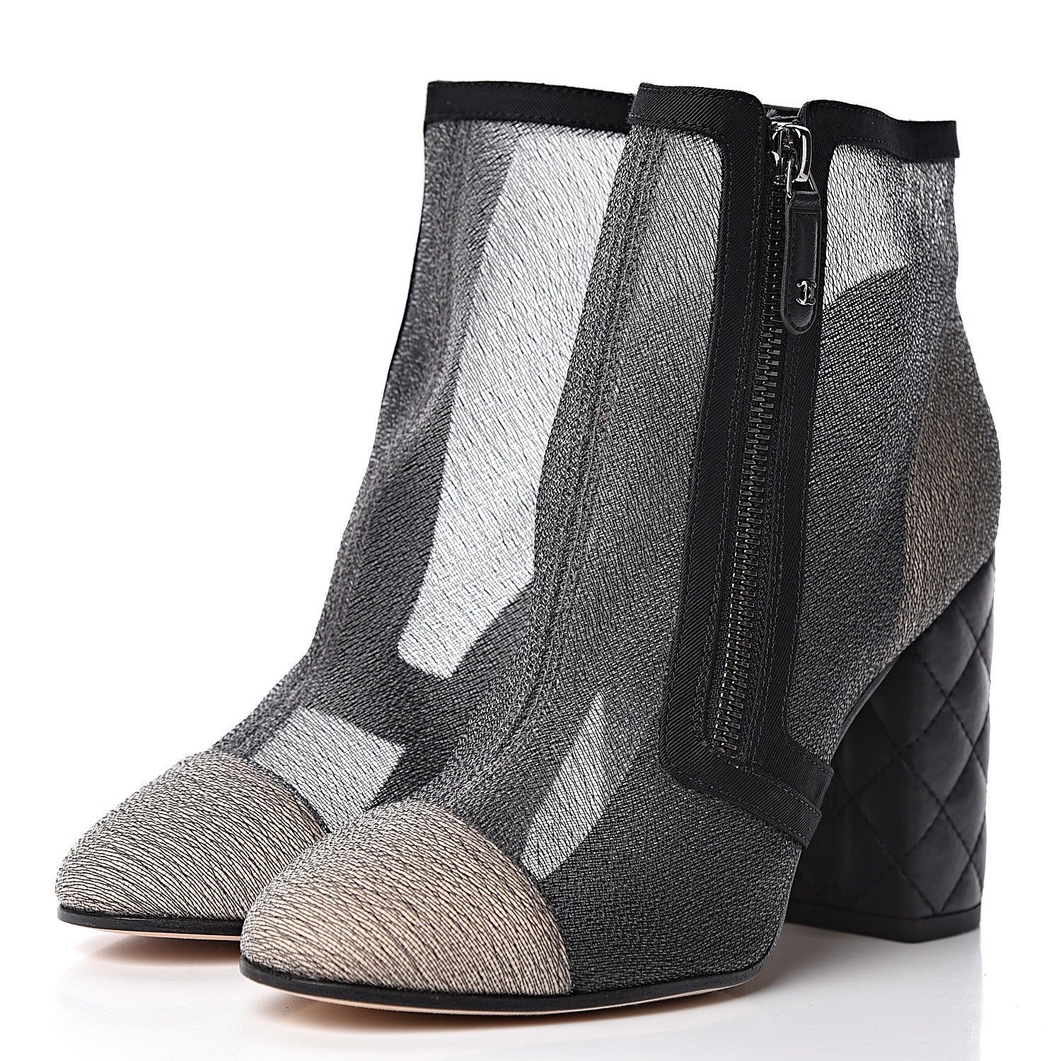 Chanel Mesh Grosgrain Cap Toe Short Boots 38 Grey Black 3 of 12