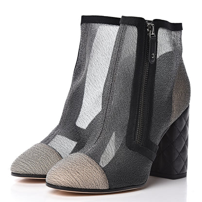 Chanel Mesh Grosgrain Cap Toe Short Boots 38 Grey Black 3 of 12