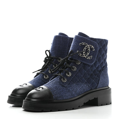 Chanel Denim Calfskin Quilted Lace Up Combat Boots 39 Blue 3 of 9