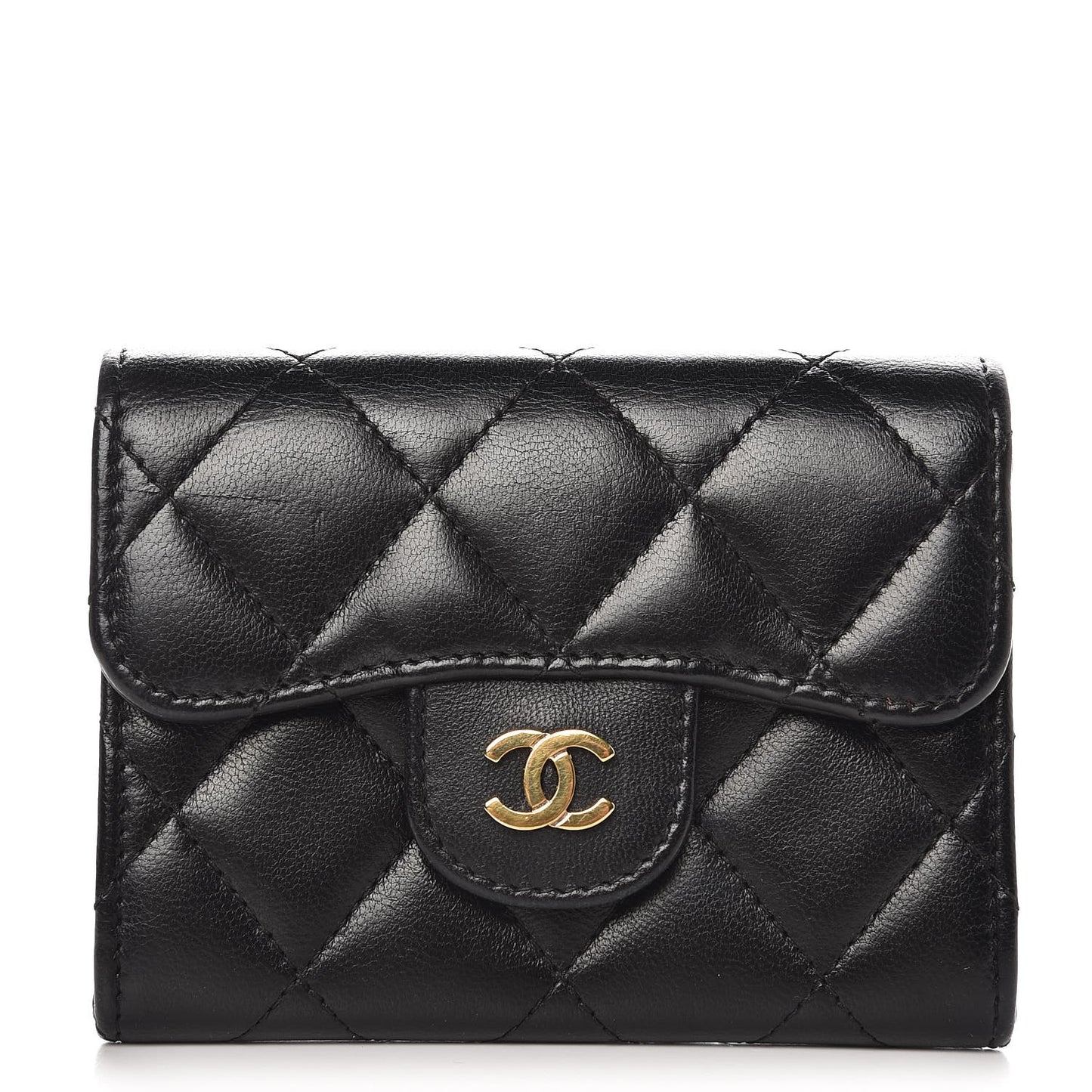Lambskin Quilted Flap Card Holder Wallet Black