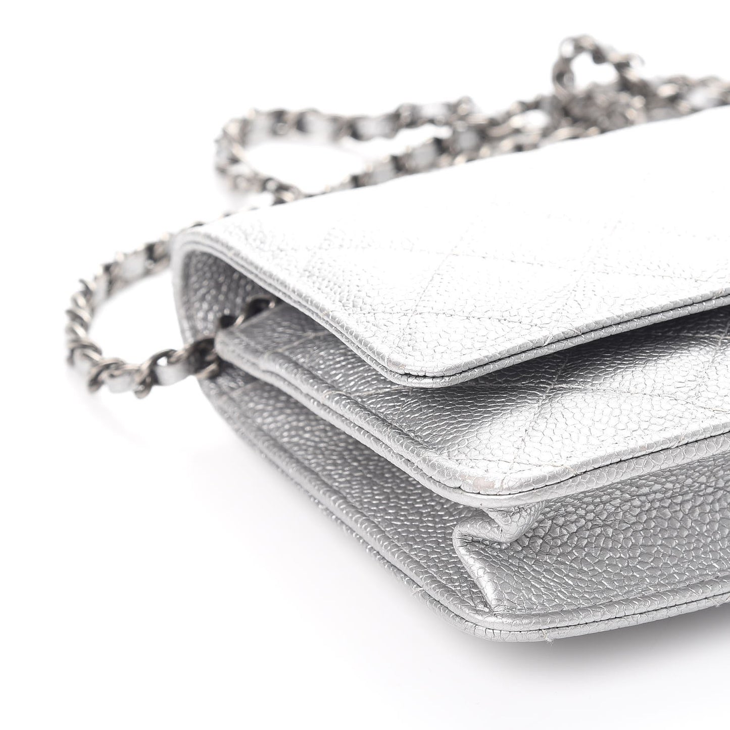 Metallic Caviar Quilted Wallet on Chain WOC Silver